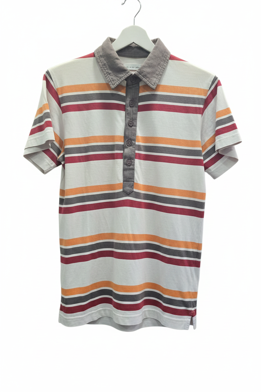 Polo manga corta rayas grises naranja y burdeos cuello tejido placón 3 botones planchado en percha