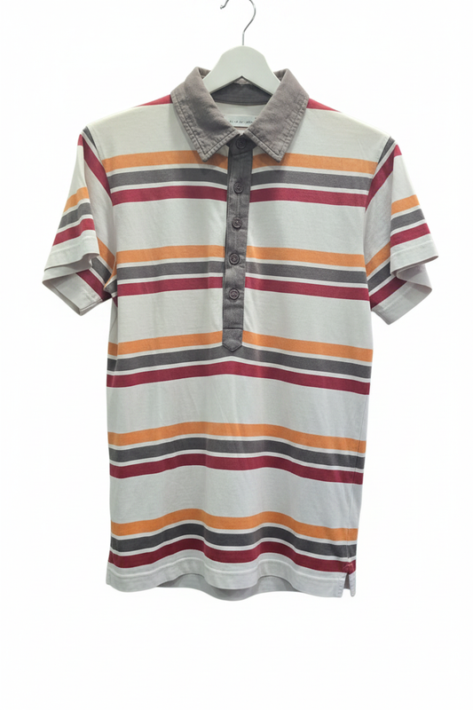 Polo manga corta rayas grises naranja y burdeos cuello tejido placón 3 botones planchado en percha