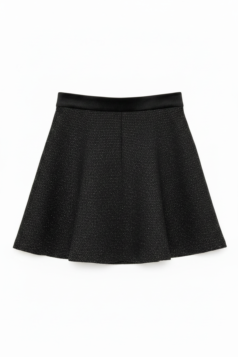 Falda vintage skater negra brillante lurex cinturilla satén tiro alto ghost mannequin fondo blanco
