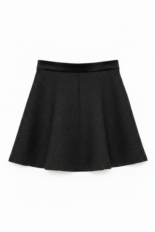Falda vintage skater negra brillante lurex cinturilla satén tiro alto ghost mannequin fondo blanco
