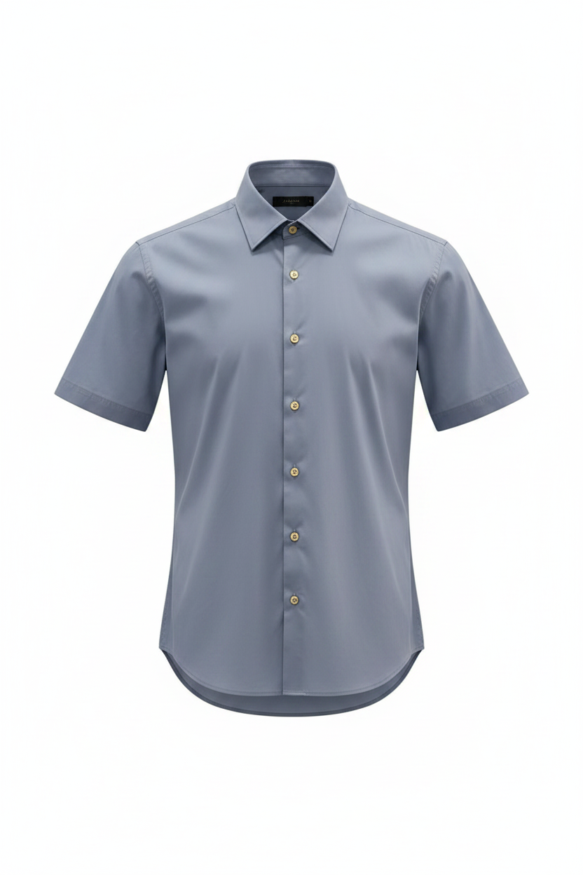 Camisa vintage Zara Man azul grisáceo manga corta cuello spread botones dorados ghost mannequin fondo blanco