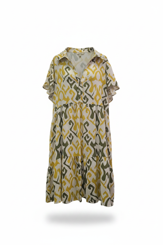Vestido camisero vintage estampado geométrico mostaza verde oliva manga corta escalonado