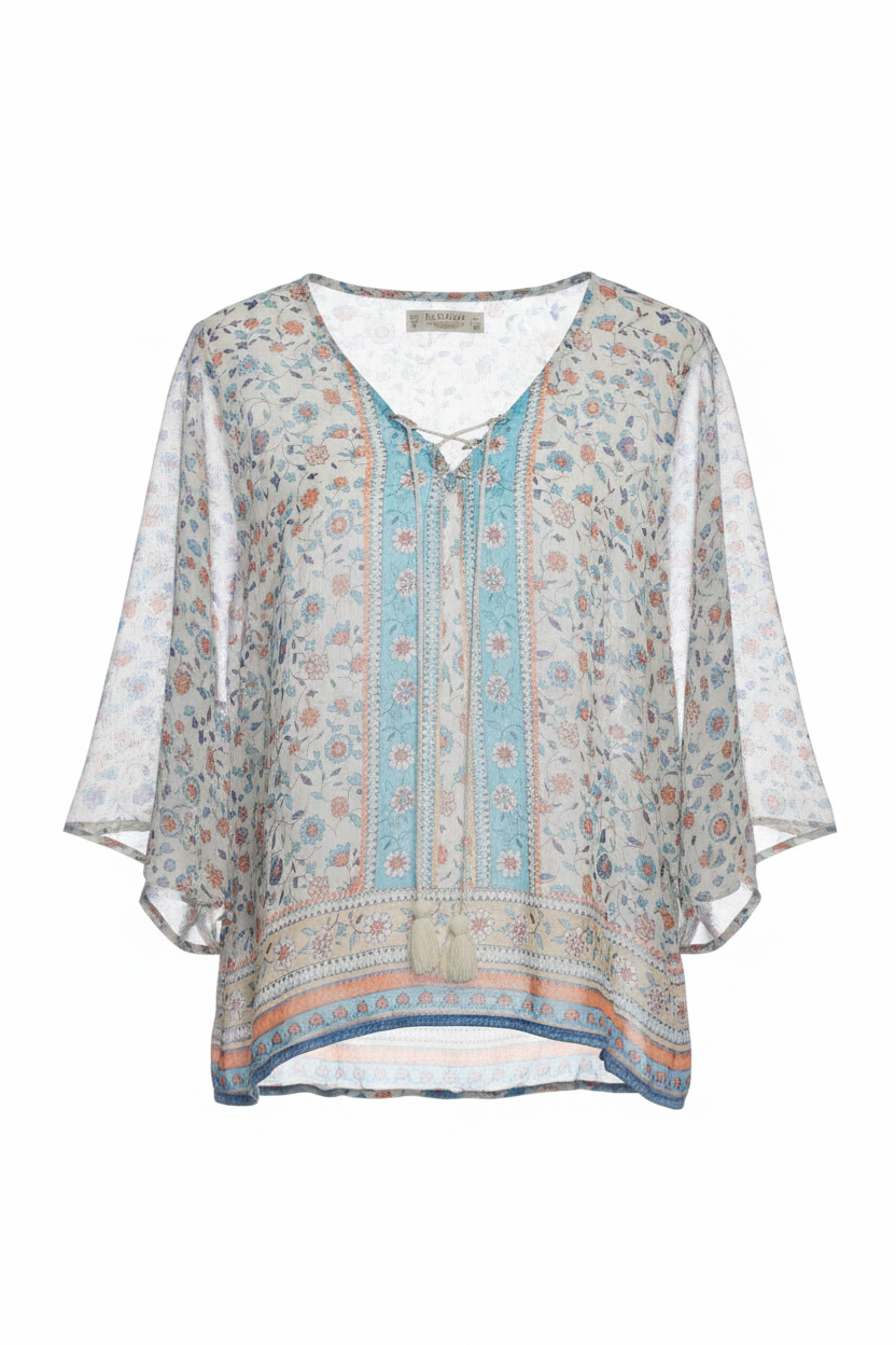 Blusa boho floral panel turquesa borlas Pull & Bear - Ghost Mannequin