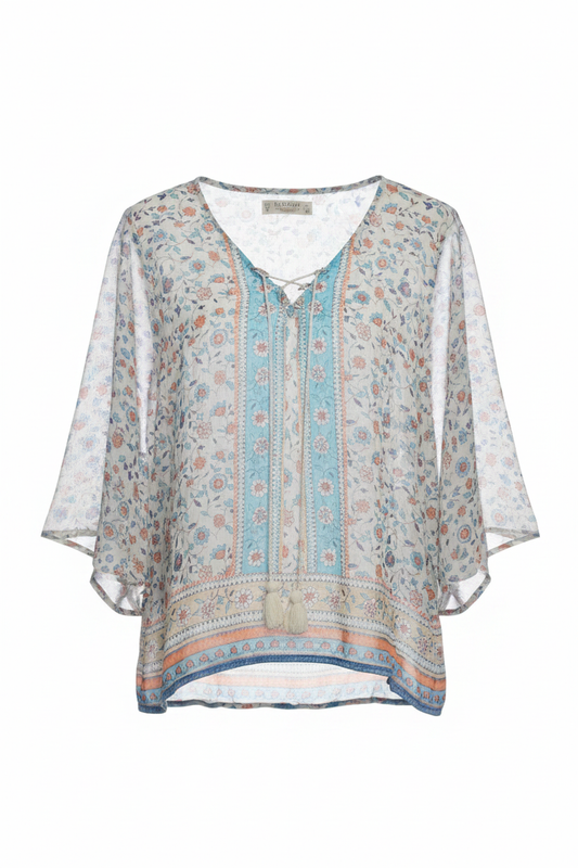 Blusa boho floral panel turquesa borlas Pull & Bear - Ghost Mannequin