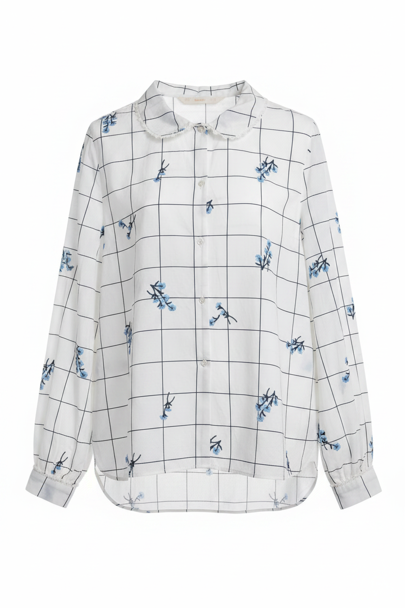 Camisa blanca cuadros negros flores azules cuello Peter Pan Zara - Ghost Mannequin