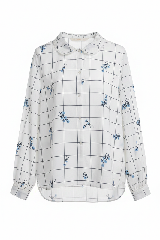Camisa blanca cuadros negros flores azules cuello Peter Pan Zara - Ghost Mannequin