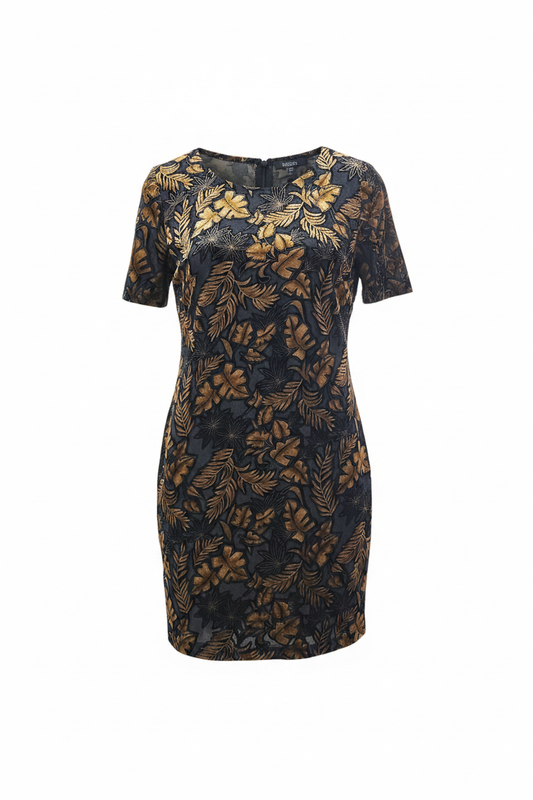 Vestido vintage estampado tropical hojas doradas manga corta cuello redondo
