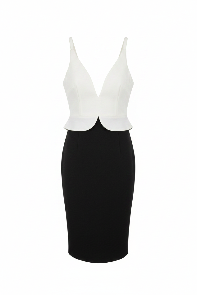 Vestido bicolor blanco negro escote V peplum Zara - Ghost Mannequin