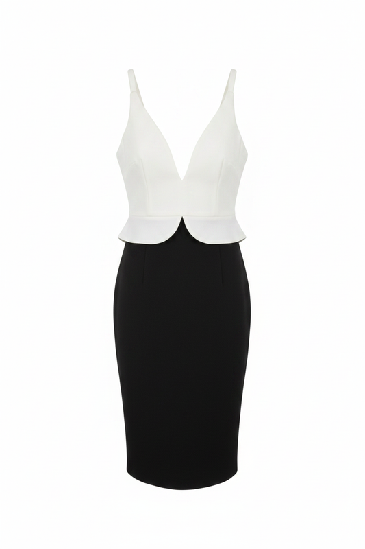 Vestido bicolor blanco negro escote V peplum Zara - Ghost Mannequin