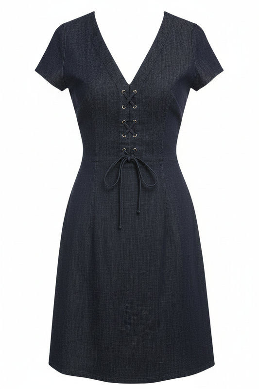 Vestido denim azul oscuro escote V cordones Zara - Ghost Mannequin