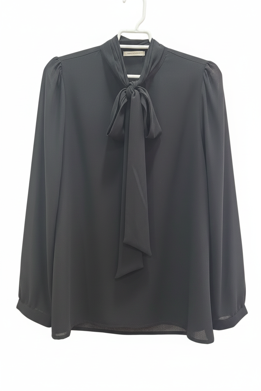 Blusa gris oscuro chifón manga larga abullonada cuello alto con lazo largo tipo pussy bow silueta holgada planchada en percha