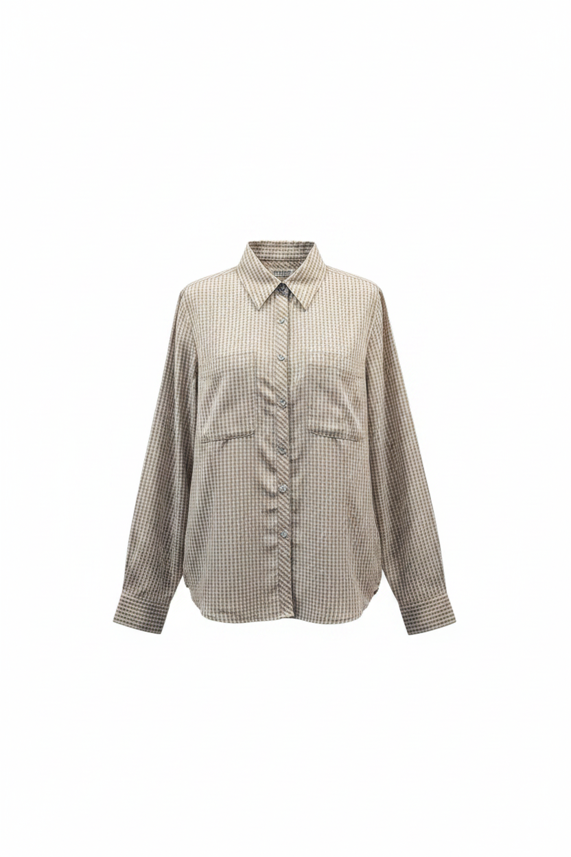 Camisa vintage cuadros beige gris manga larga con bolsillos