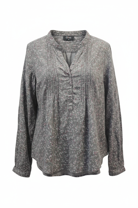 Blusa vintage Gina floral gris manga larga con plisado y botones