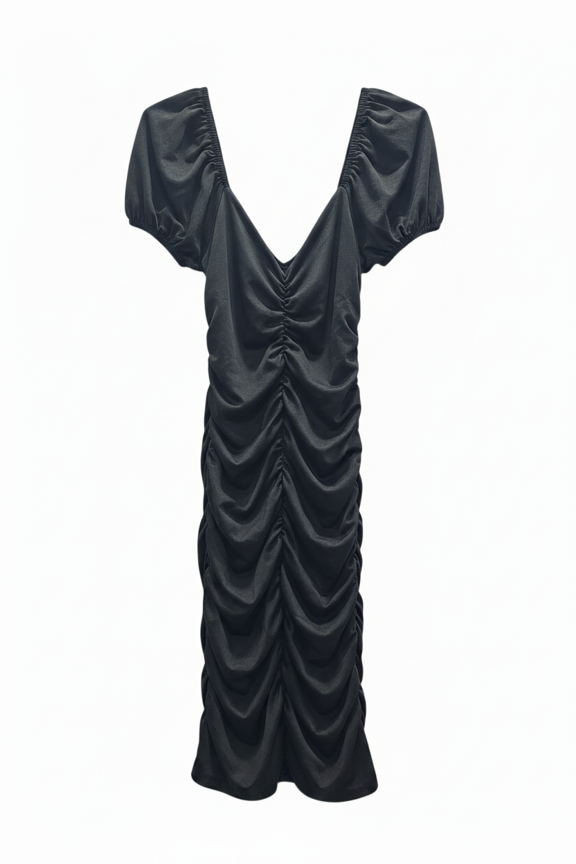 Vestido midi negro satín escote V profundo mangas puff fruncido central
