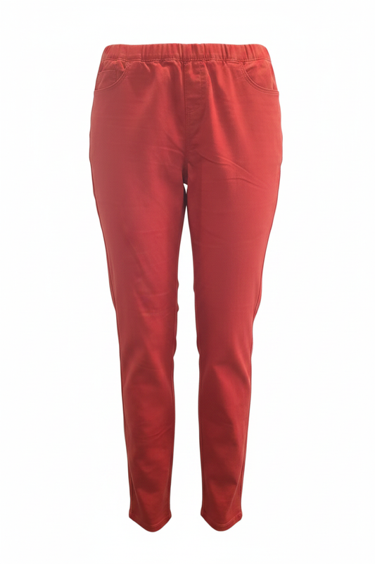 Jegging vintage rojo coral cintura elástica corte slim vista frontal ghost mannequin fondo blanco