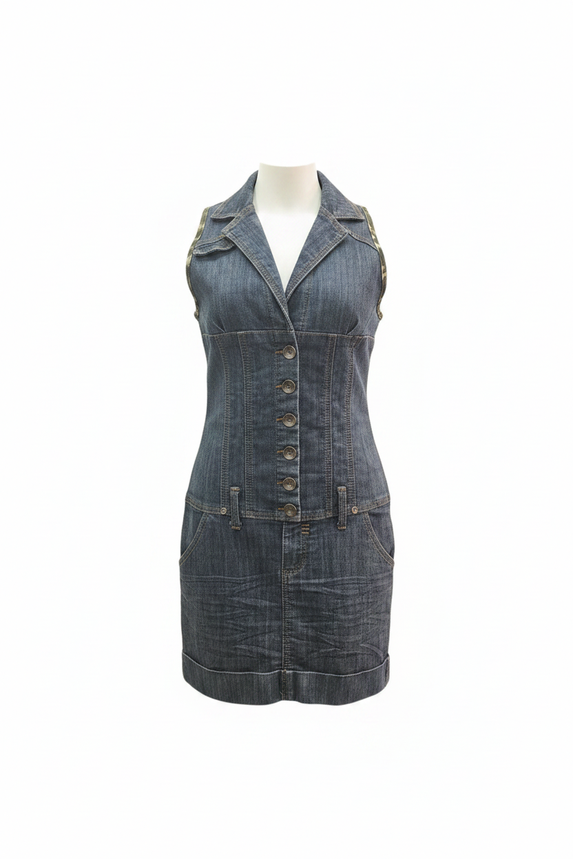 Vestido Denim Azul Oscuro Cuello Solapa Botones Bolsillos Sin Marca