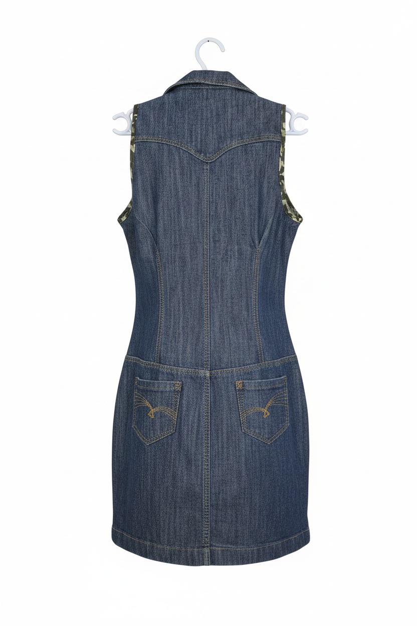 Vestido Denim Azul Oscuro Cuello Solapa Botones Bolsillos Sin Marca