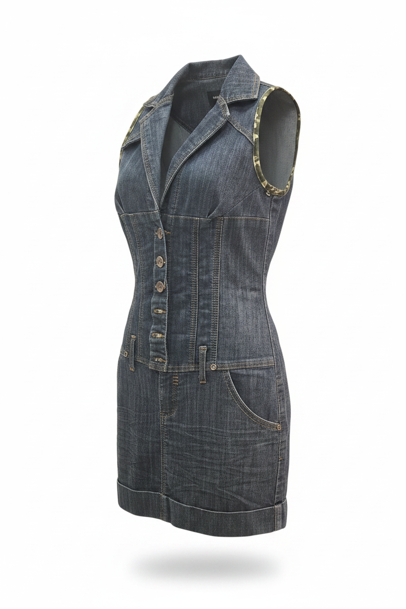 Vestido Denim Azul Oscuro Cuello Solapa Botones Bolsillos Sin Marca